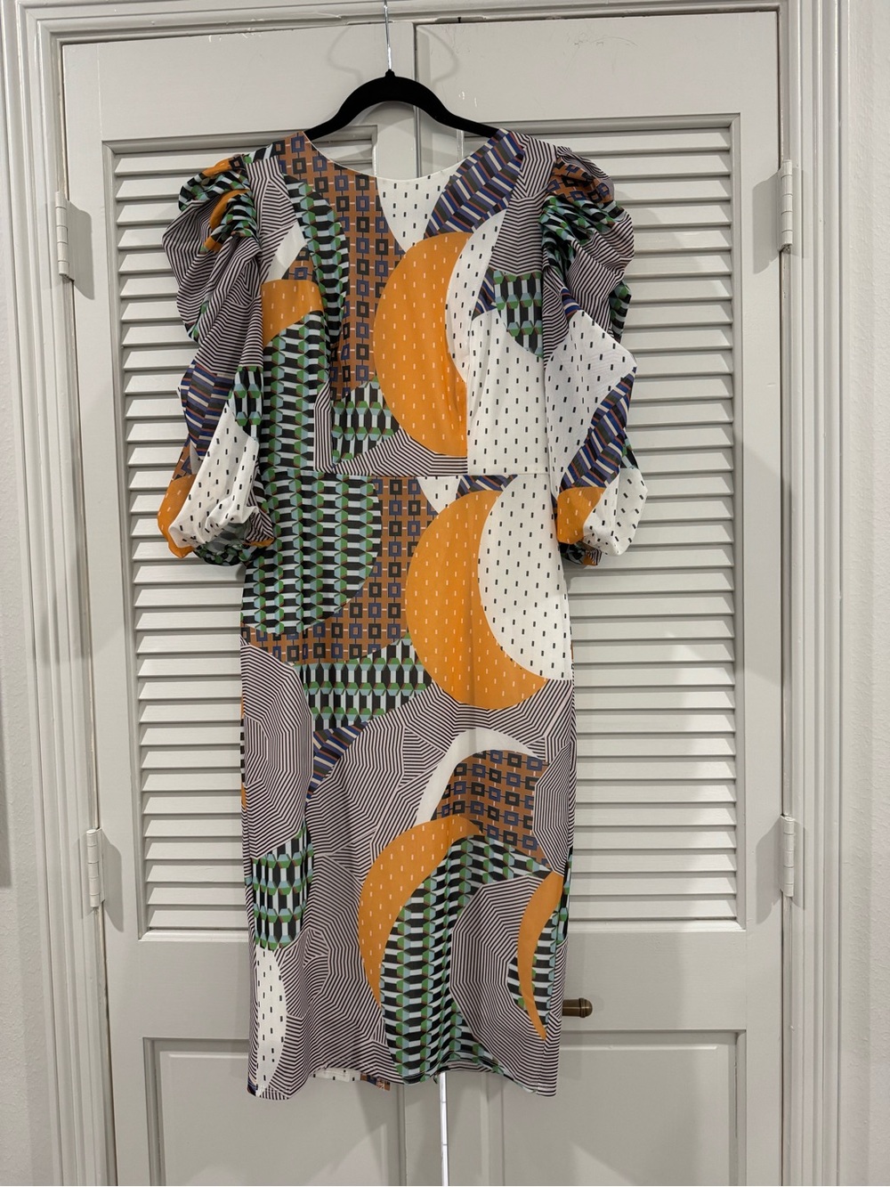 Abstract Print Midi Dress with Puff Sleeves in Mustard and Green